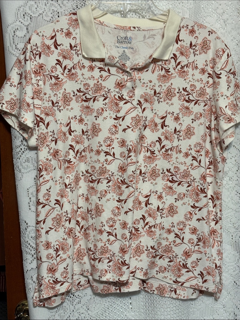 croft & barrow Cream Button-Down Floral Classic Polo size xl